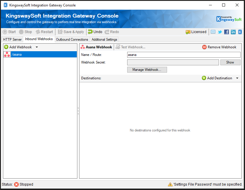 KingswaySoft Integration Gateway Console - Inbound Webhooks